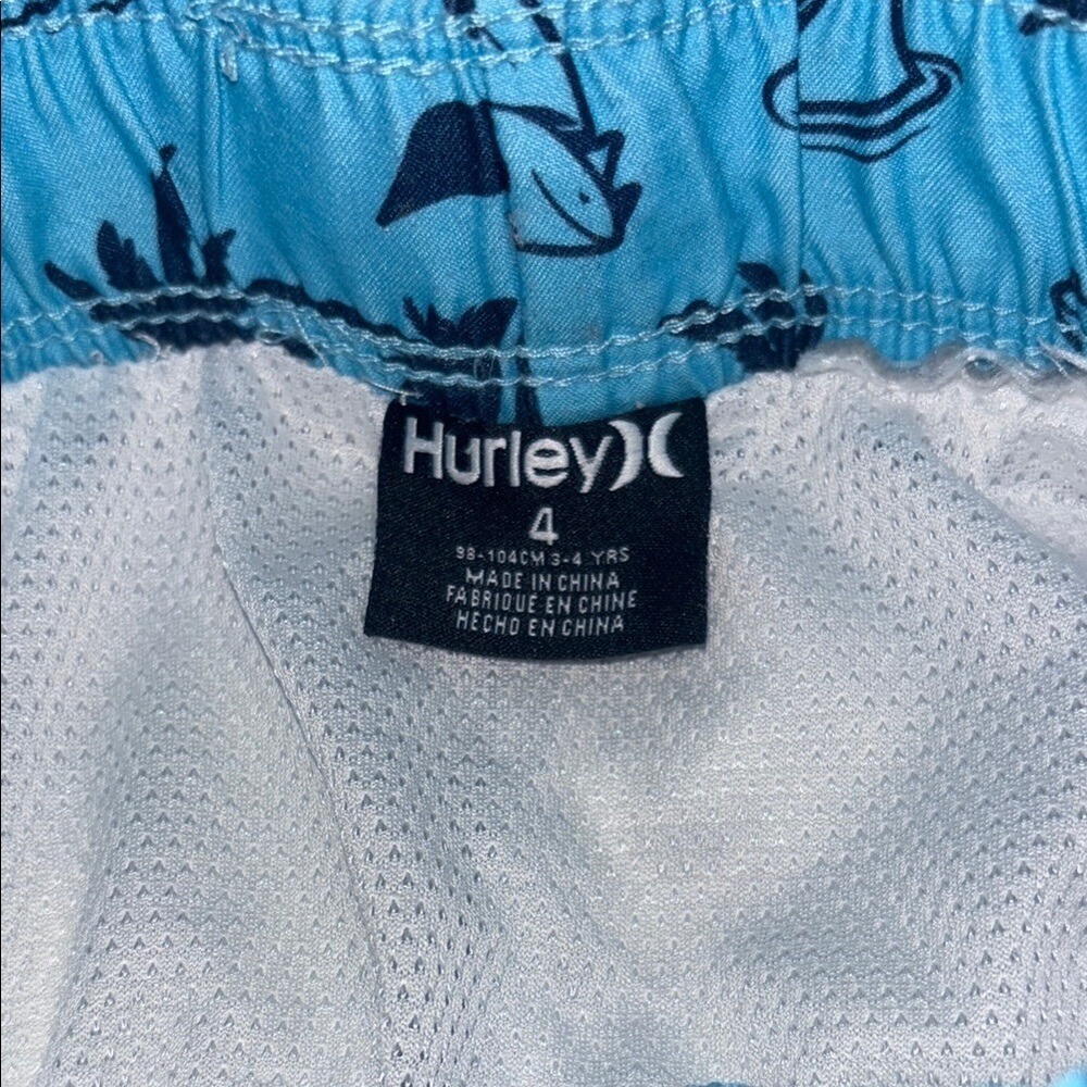 Hurley Boys Light Blue Shark Pirate‎ Tropical Mesh Lined Swim Trunks Size 4 - Picture 2 of 4